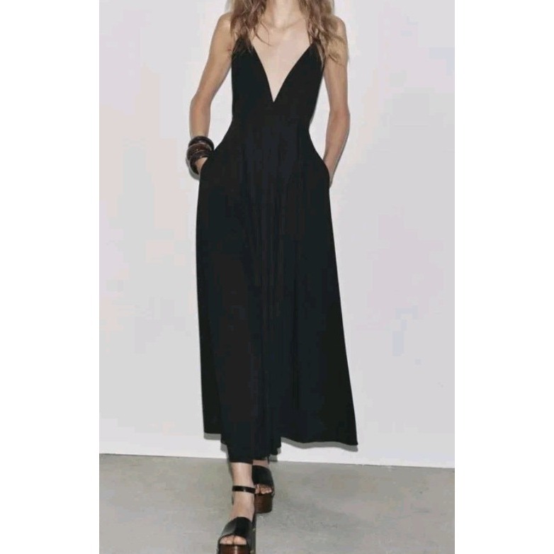 Zara Zw Collection Long Open Back Dress With Ties Black Size S Nwt